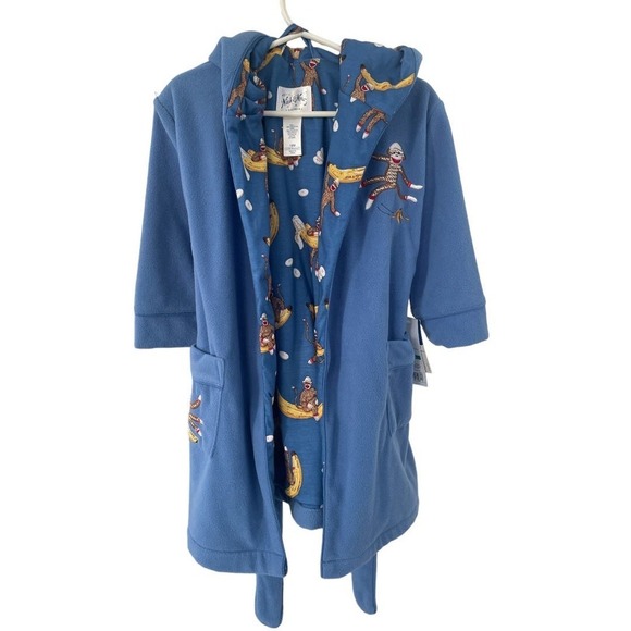Nick & Nora Toddler Sock Monkey Banana Fleece Hooded Robe Blue Brown Size 18 M - Picture 2 of 8